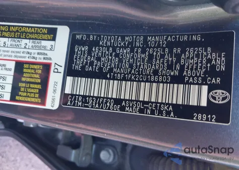 2012 Toyota Camry Se из США, поврежденный, VIN 4T1BF1FK2CU186803